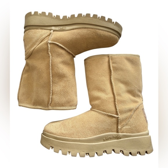 Skechers Outdoor Boots Size 7  Chunky Tan Suede Sherpa Lined 45237 Winter NEW!! - Picture 2 of 16